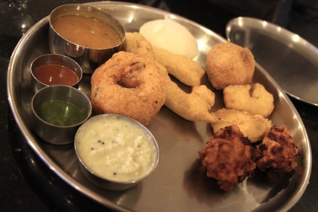 A selection of vegetarian appetizers at Udupi Palace restaurant in Toronto.